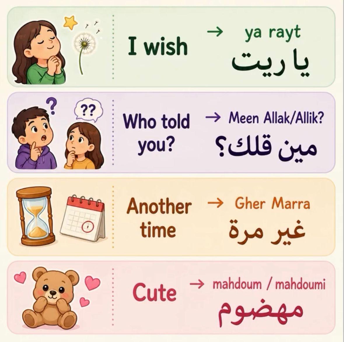 Instagram post teaching everyday Lebanese phrases like ya rayt and meen allak