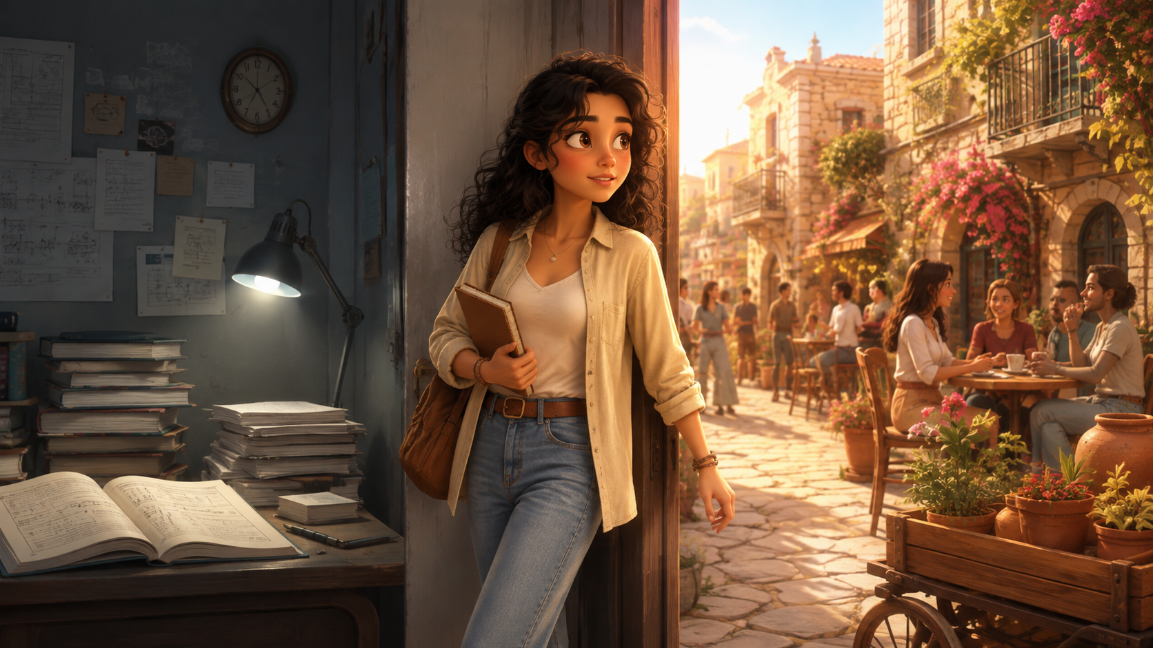 A student steps out of a dim study room into a warm, lively Lebanese street