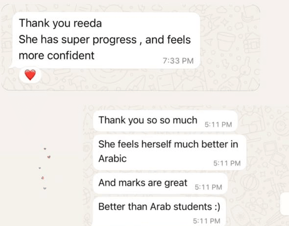 A parent's WhatsApp messages thanking Ree for their daughter's progress and growing confidence in Arabic